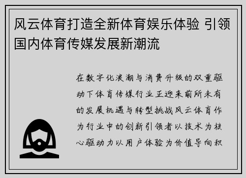 风云体育打造全新体育娱乐体验 引领国内体育传媒发展新潮流